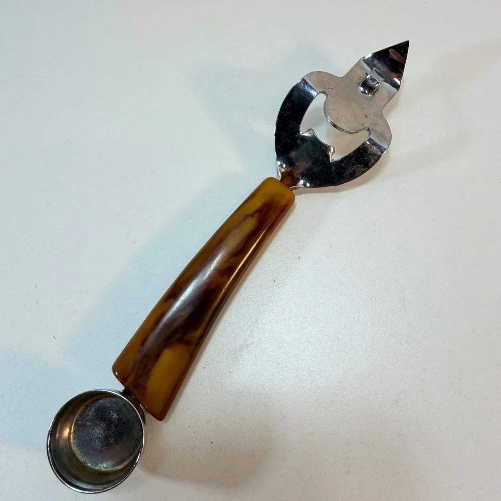 Vintage Bakelite Multi Tool Bottle Opener Jigger Bar Brown Butterscotch Swirl